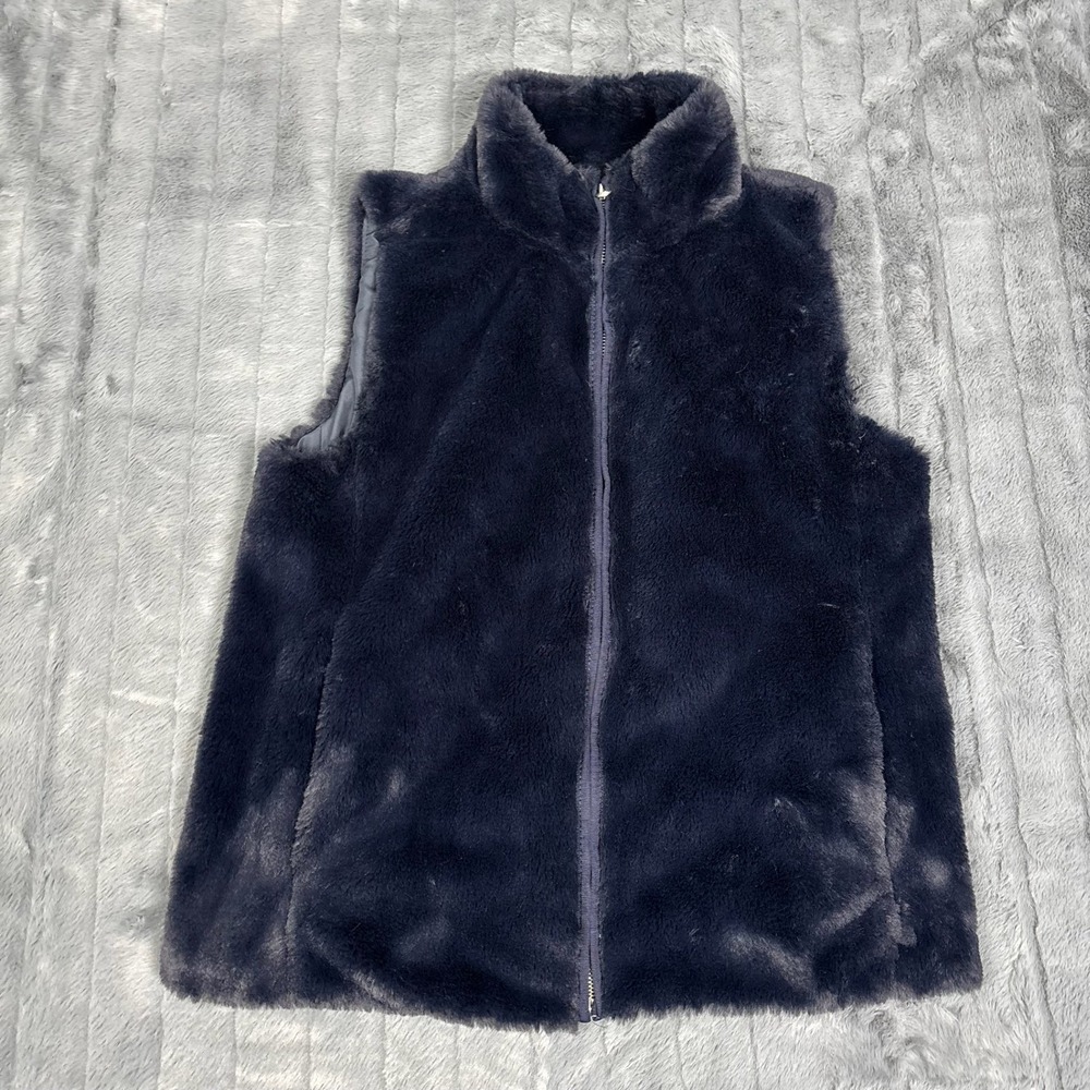 J.Crew Womens Navy Blue Faux Fur Full Zip Puffer Vest Small Sleeveless Jacket